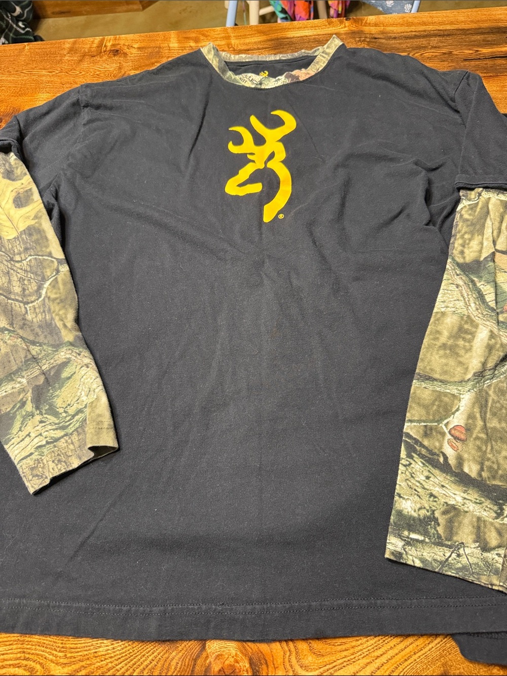 Browning Black Long-Sleeve Shirt with Yellow Logo and Camo Sleeves